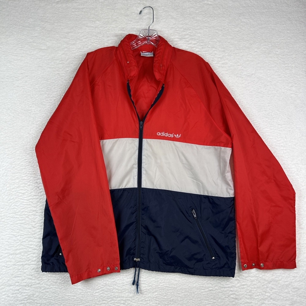 Vintage 80s Adidas Full Zip Windbreaker hooded Track Jacket Colorblock Large